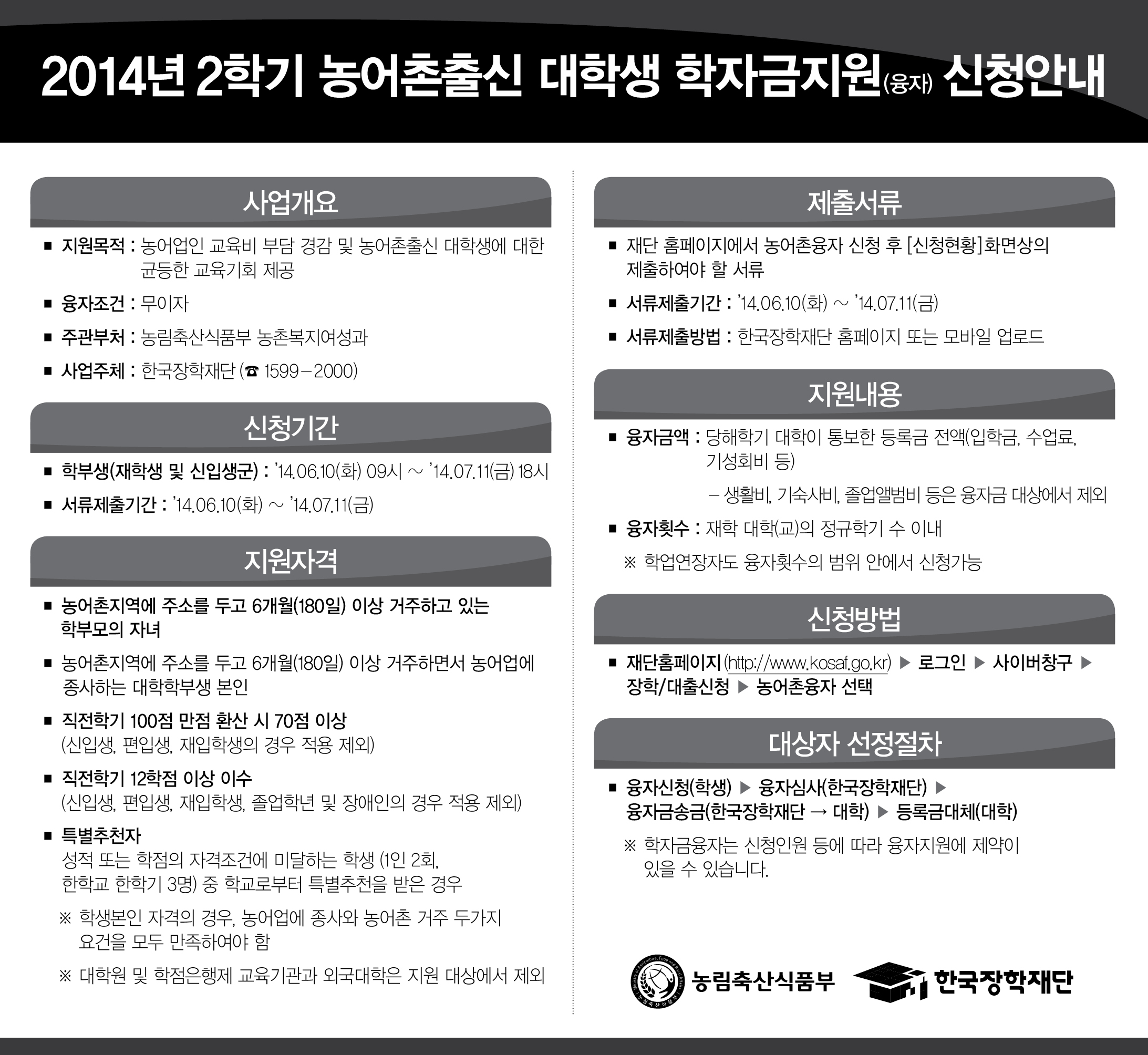 2014년 2학기 농촌출신 대학생 학자금지원사업 시행안내
